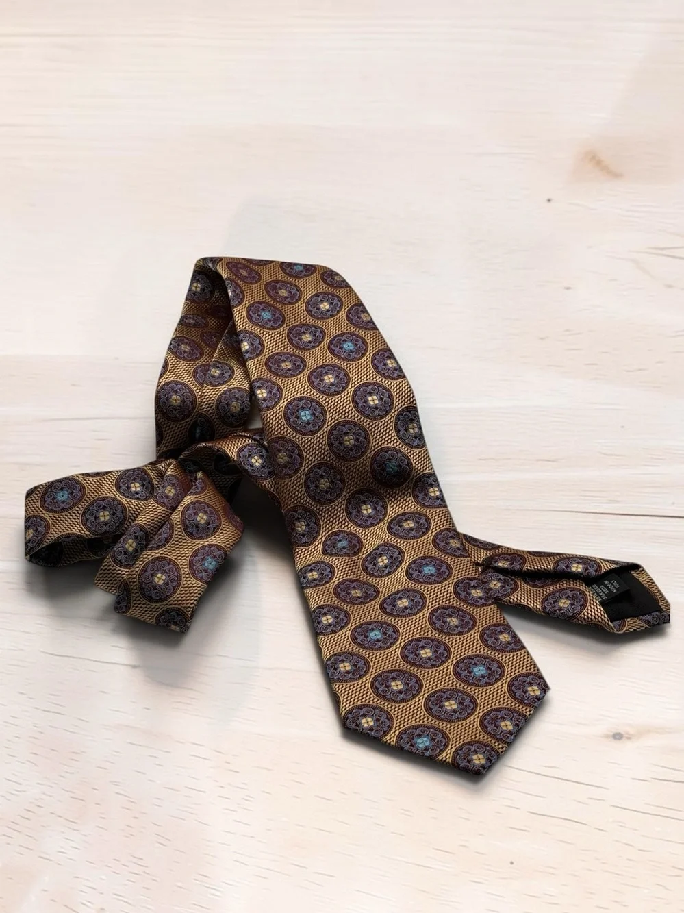 Ermenegildo Zegna Gold Tie with Blue and Brown Medallions